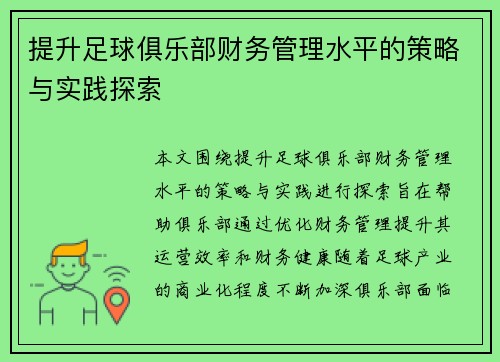 提升足球俱乐部财务管理水平的策略与实践探索