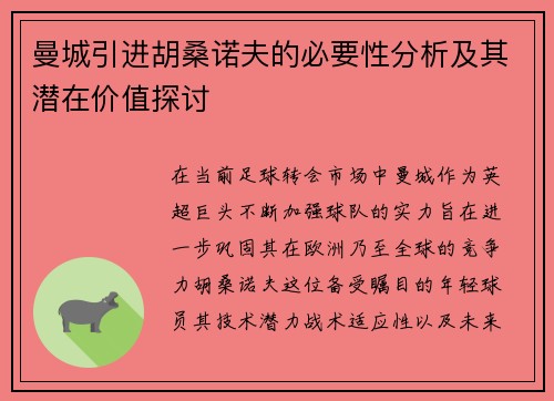 曼城引进胡桑诺夫的必要性分析及其潜在价值探讨