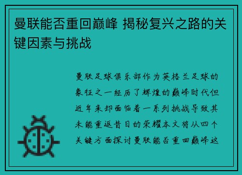 曼联能否重回巅峰 揭秘复兴之路的关键因素与挑战 曼联能否重回巅峰 揭秘复兴之路的关键因素与挑战