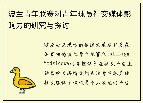 波兰青年联赛对青年球员社交媒体影响力的研究与探讨 波兰青年联赛对青年球员社交媒体影响力的研究与探讨