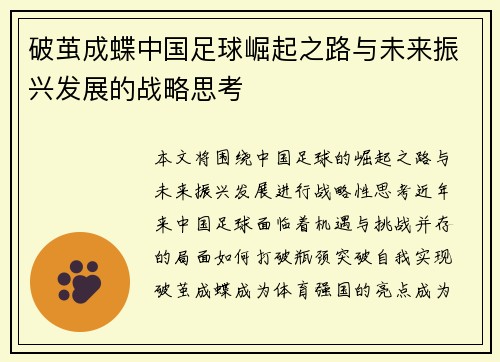 破茧成蝶中国足球崛起之路与未来振兴发展的战略思考 破茧成蝶中国足球崛起之路与未来振兴发展的战略思考